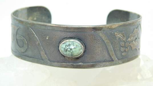 Southwestern Sterling Silver Turquoise Cabochon Symbol Carved Cuff 27.4g image number 2