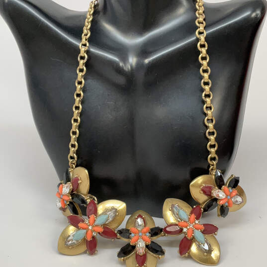 Designer J. Crew Gold-Tone Multicolor Flower Rhinestone Statement Necklace image number 1