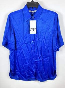 NWT Zara Womens Blue Silk Short Sleeve Collared Button Up Blouse Size Small