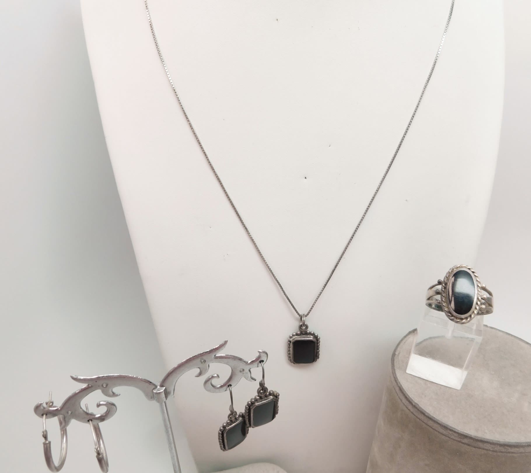 Natural Black Onyx Pendant Korean Necklace · Black Onyx Square Cut Necklace  with Diamond with Earing · Gift