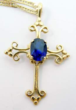 Elegant 14K Yellow Gold Sapphire Cross Pendant Necklace 4.0g alternative image