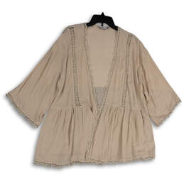 Womens Beige Floral Crochet Open Front Cover-Up Cardigan Top Size Small