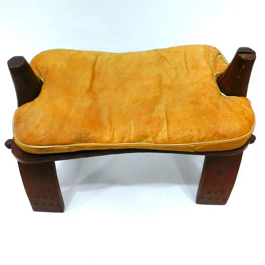 Vintage Wood & Leather Cushion Camel Saddle Foot Stool Home Decor image number 5