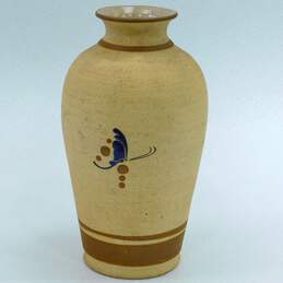 Vintage Tonala Gardiel Mexican Folk Art Pottery Vase Bird Floral Blues Speckled alternative image