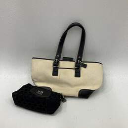 Coach Womens Tote Purse Woven Adjustable Strap Snap White Black w/ Handbag