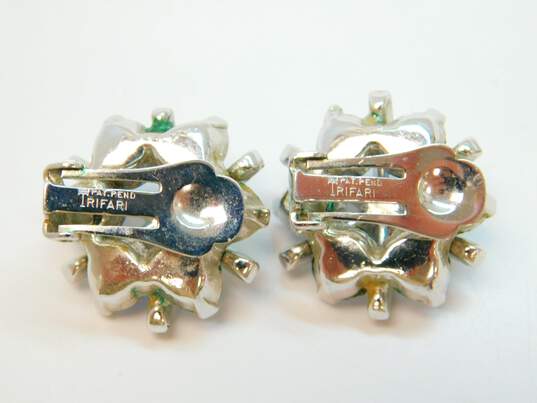 VTG Crown Trifari Silver Tone Blue & Clear Rhinestone Flower Clip Earrings 16.8 image number 4
