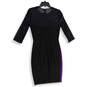 Womens Black Purple Long Sleeve Round Neck Back Zip Sheath Dress Size 4 image number 2