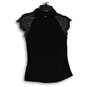 NWT Womens Black Collared Lace Cap Sleeve Keyhole Back Blouse Top Size 6 image number 2