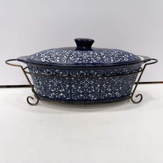 Temp-Tations Blue Ceramic Oval 3.5Qt. Dutch Oven w/Metal Rack image number 2