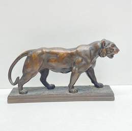 Bronze Lion Statue on Base 16 in Long Metal Big Cat Sculpture Artist Marked