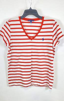 Polo Ralph Lauren Womens White Red Cotton Striped V-Neck Pullover T-Shirt Size M