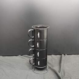 Set of 4 Black Coffee Mugs In Holder