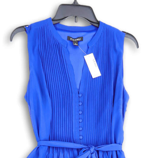 NWT Womens Blue Pleated Tie Waist Sleeveless Midi Fit & Flare Dress Size 8 image number 3