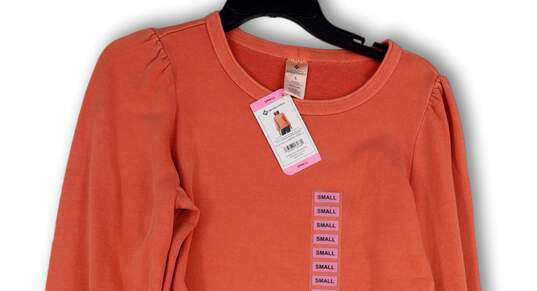 NWT Womens Orange Round Neck Puff Sleeve Raw Hem Pullover Sweatshirt Size S image number 3
