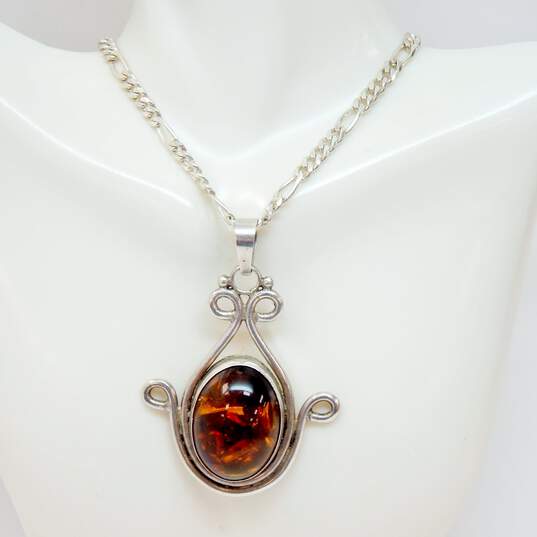 Artisan 925 Chunky Amber Pendant Figaro Chain Necklace 39.5g image number 2