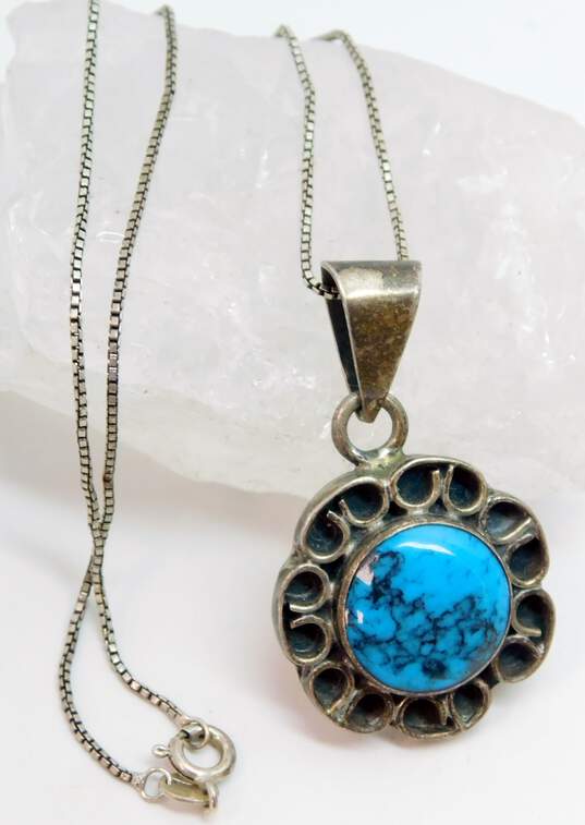 Artisan 925 Taxco Faux Turquoise Pendant Necklace Scrolled Earrings & Ring image number 3