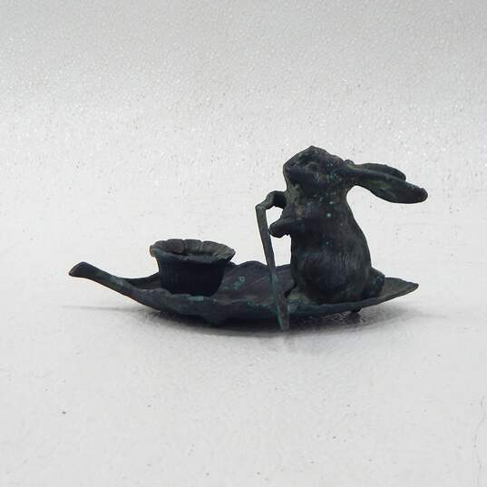 Vintage Bronze Rabbit Paddling On Leaf Boat Candle Holder image number 2