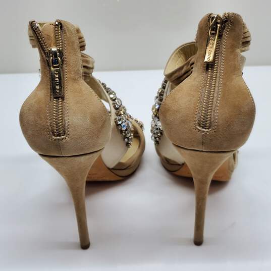 Jimmy Choo Kani Crystal Beige Leather Platform Sandals Size 38 AUTHENTICATED image number 5