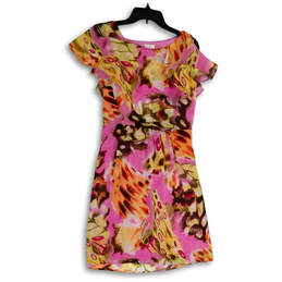 Womens Multicolor Abstract Ruffle Sleeve Round Neck Pullover Shift Dress Size 8