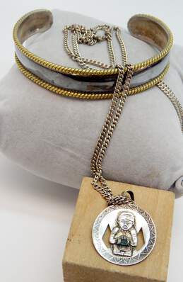 Artisan 925 & 900 Silver Figural Emerald Pendant Necklace & Brass Cuff Bracelet