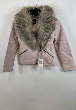 NWT Jessica Simpson Womens Pink Long Sleeve Fur Collar Full Zip Jacket Size S