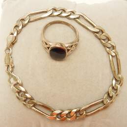 Artisan 925 Geometric Black Enamel Jewelry w/ Figaro Chain Bracelet 32.5g alternative image