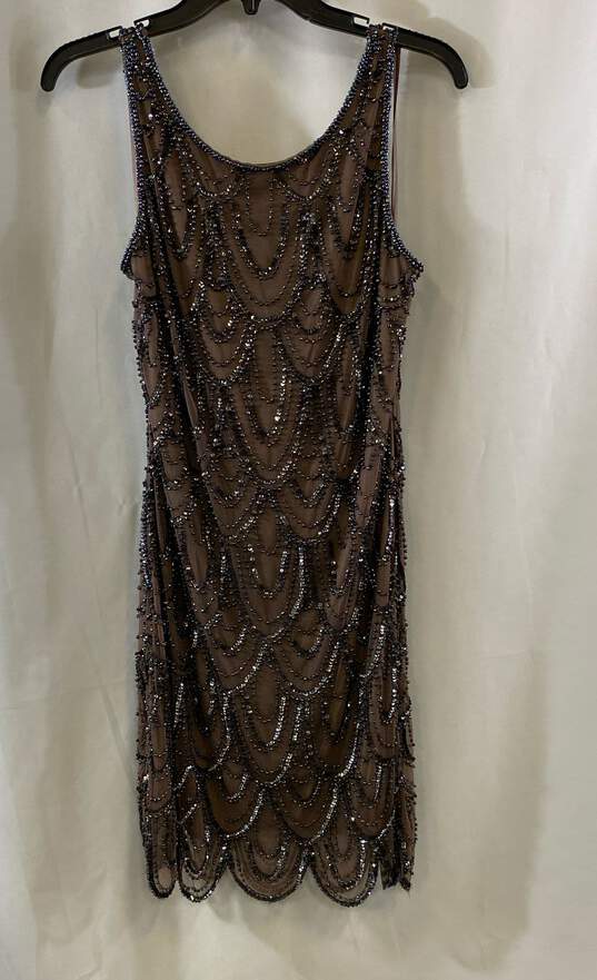 Pisarro Nights Womens Brown Beaded Embellished Mesh Sheath Dress Size 10 image number 1