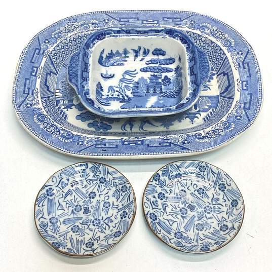 Staffordshire Blue Willow Tableware Asian Motif Serving Tray, Dishes 4pc Set image number 1