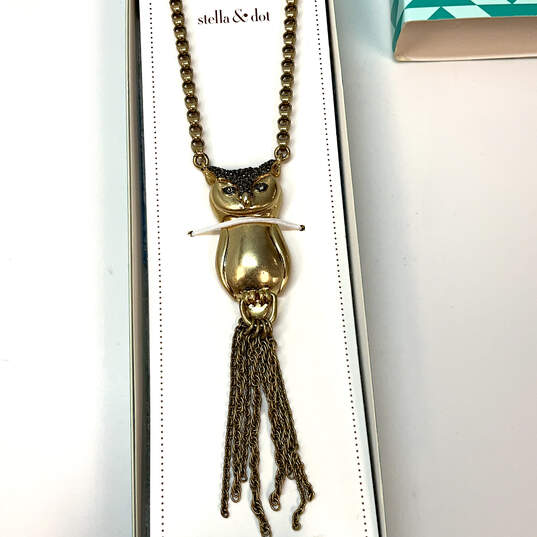 Designer Stella & Dot Gold-Tone Hematite Owl Tassel Pendant Necklace w/ Box image number 1