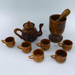 MCM Mid Century Modern Carved Wood Teapot Teacups Mugs W/ Large Mortar & Pestle