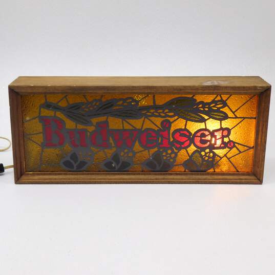 Vintage Budweiser Stained Glass Style Rectangular Lighted Beer Sign image number 1