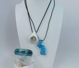 Blue White & Golden Dichroic Glass Spiral Teardrop Pendant Necklaces & Cuff