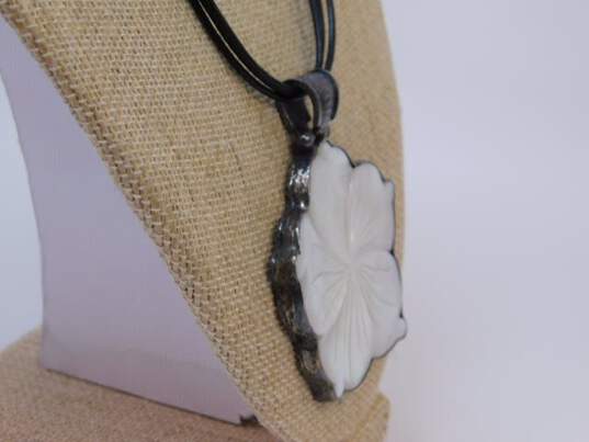 Exex 925 Mother of Pearl Shell Carved Flower Pendant Black Cords Necklace image number 3