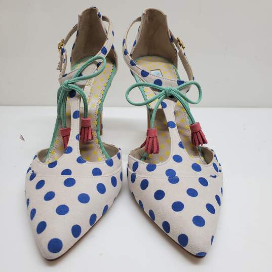 Boden Alice T-strap Tassel Heels in Blue Polka Dots 37 US 6 image number 2