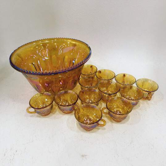 Vintage Indiana Glass Carnival Glass Punch Bowl With Mugs Cups image number 1