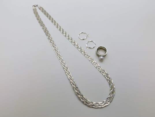 Artisan 925 Braided Herringbone Chain Necklace Twisted Hoop Earrings & Faux Pearl Wavy Wide Band Ring 34.6g image number 1
