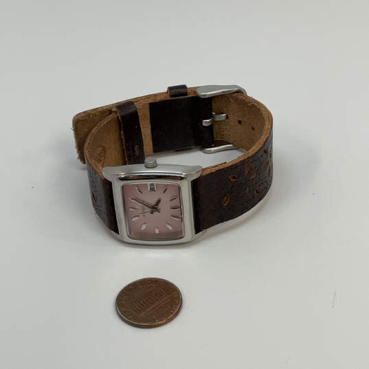 Designer Fossil Silver-Tone Rectangle Pink Dial Leather Strap Analog Watch image number 2
