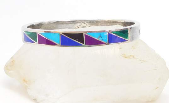Taxco Mexico Artisan 925 Sterling Silver Faux Stone Inlay Bangle Bracelet 39.1g image number 1