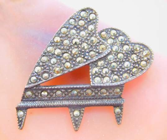 Romantic 925 Rhinestones & Marcasite Heart & Angel Wings Pendant Necklaces & Piano Brooch 16.4g image number 5