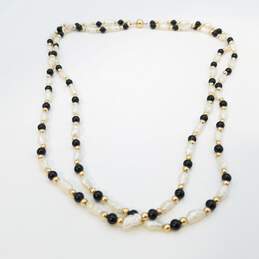 14k Gold Onyx FW Pearl 18in 2 Strand Necklace 15.6g