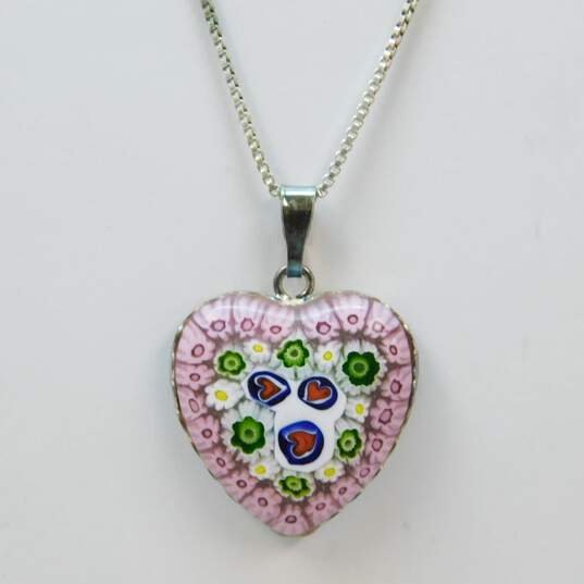 Artisan 925 Flowers & Hearts Art Glass Pink Heart & Blue Circle Pendants Necklace & Lil Sis Charm Ball Beaded Bangle Bracelet 21.8g image number 2