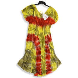 NWT Womens Red Yellow Floral Short Sleeve Tie Neck A-Line Dress One Size alternative image