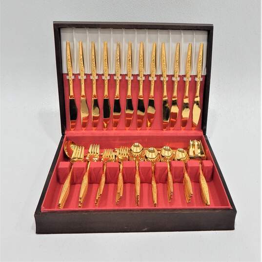 Vintage MCM Carlyle JH Golden Bouquet Gold Electroplate Stainless Flatware Set image number 1