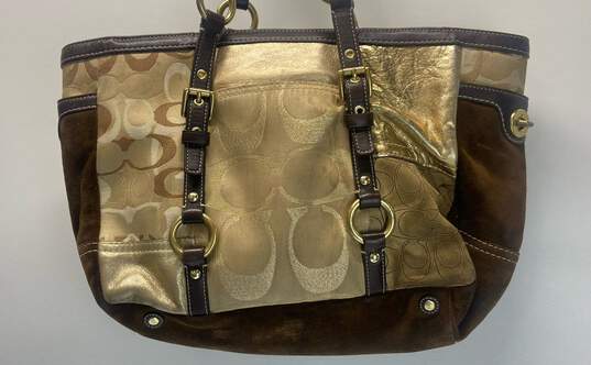 COACH 10388 Tan Gold Signature Suede Canvas Tote Bag image number 5