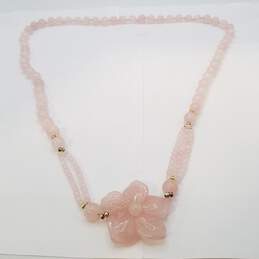 Gold Tone Beads Rose Quartz Knotted Strand Carved Flower Pendant 30 In Necklace 116.4g