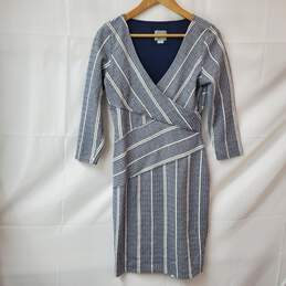 Maeve V-Neck LS Navy Blue & White Stripes Midi Dress Women's SM
