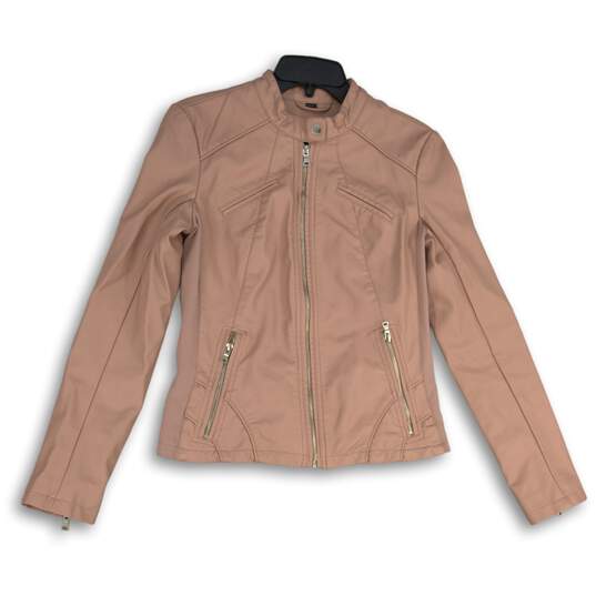 Womens Pink Leather Mock Neck Long Sleeve Full-Zip Biker Jacket Size Medium image number 1