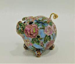 VTG Chinese Cloisonne Enamel Brass Piggy Bank W/ Flowers Gold Blue Curly Tail