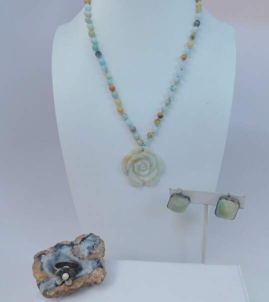 Artisan 925 Carved Flower Multi Stone Necklace Pearl Ring & Screw Back Earrings 54.1g image number 1