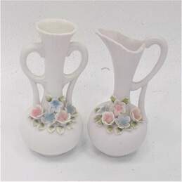 2 Vintage Bisque Bud Vases Arnart Mid Century Porcelain Blue Pink Rose